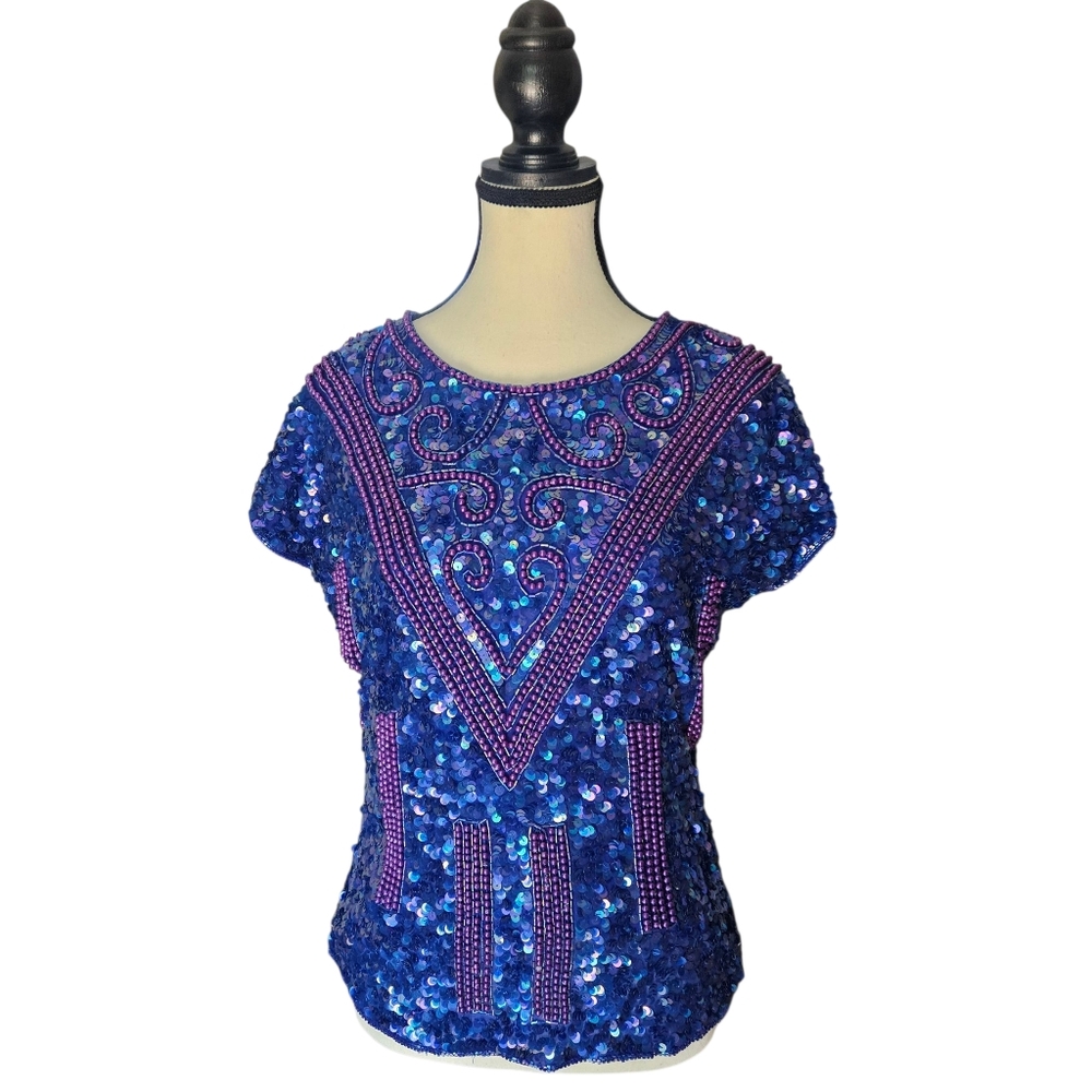 Vintage Silk Blue Beaded Sequin Top Petite XL